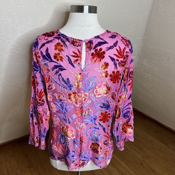 Hale Bob Top Medium Pink Floral Delyse Velvet Burnout Keyhole 3/4 Kimono Sleeves - Picture 9 of 11